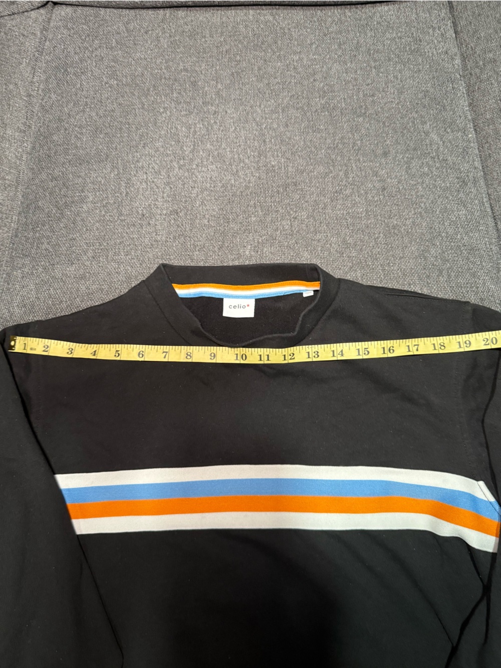 Celio* Black Crewneck Sweater with Blue, Orange and White Chest Stripes - Picture 7 of 15